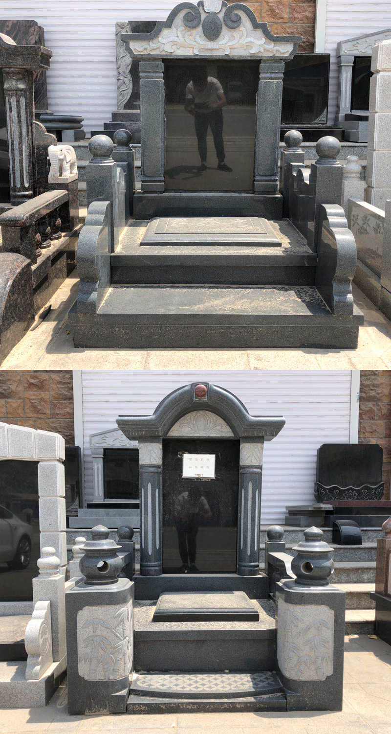 石雕黑白点花岗岩大理石墓碑整套中国黑墓碑可刻字家族墓定做墓地